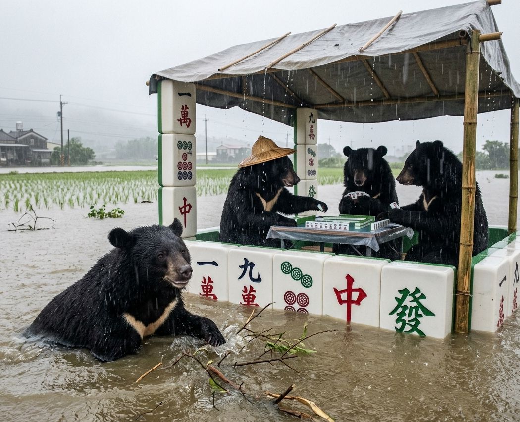 台灣熊愛打麻將,台灣黑熊打麻將,桃園水上移動式麻將館,台灣黑熊水上樂園搓麻將,桃園梅雨季限定水上麻將爭霸戰,打麻將比水上樂園還好玩,桃園梅雨季出門打水上排球,桃園大淹水直接變成威尼斯,台灣梅雨季揪團打麻將,颱風梅雨夾擊警報,桃園稻田慘淹成汪洋